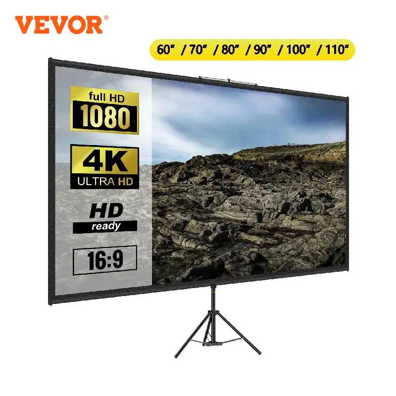 VEVOR Tripod Projector Screen Stand 60 70 80 90 100 110 Inch 16:9 4K HD Portable Home Cinema for Indoor & Outdoor Projection