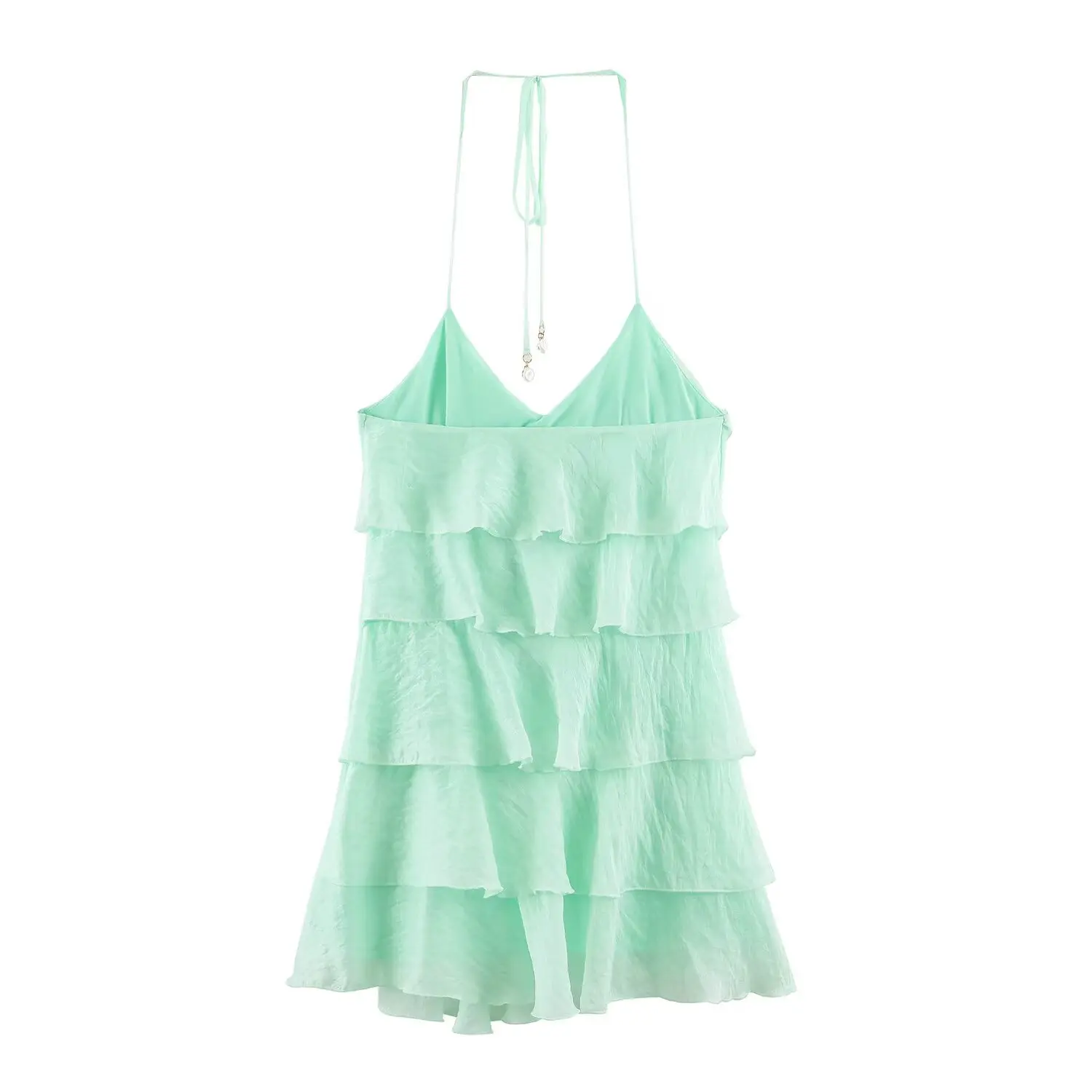 TFMLN Sommer Damen Neckholder-Minikleid, Lässiges Einfarbiges Rüschen-Stufenkleid, Ärmelloses Kurzes Kleid, Elegantes V-Ausschnitt Rückenfreies Damen-Outfit – Detail 3