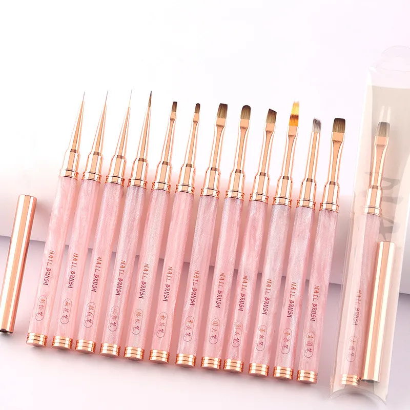 1/12個入り ピンク アクリルネイルブラシ ジェルブラシ マニキュア用 アクリル UVジェル エクステンションペン ネイルポリッシュ ペイント 描画ブラシ ライナー