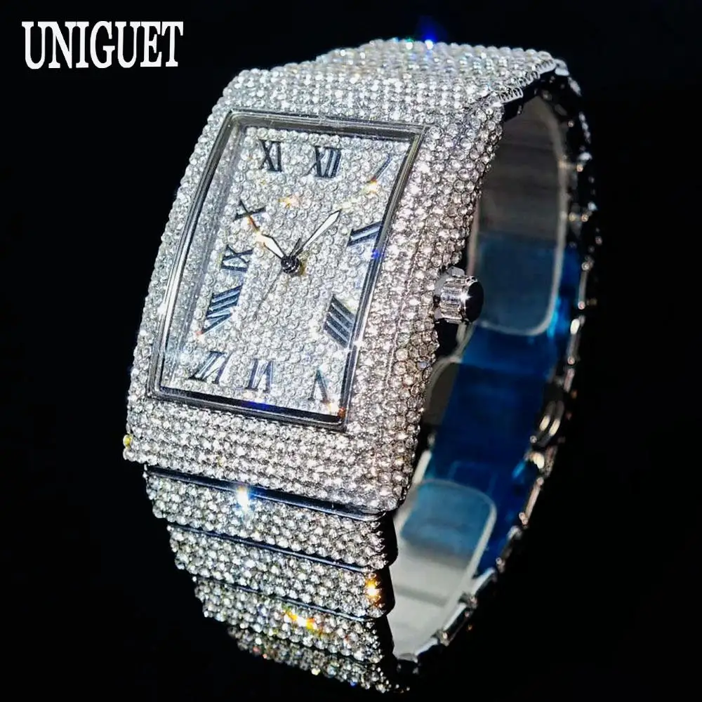 

Luxury Iced Watch Men Brand UNIGUET Fashion Rectangle Watch Male Hip Hop Full Diamond Bling Jewelry Wristwatch Man Dropshipping
