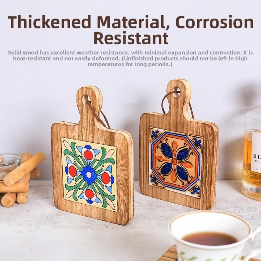 Japanese Style Heat Resistant Solid Wood Coaster Retro Square Wood Ceramic Tile Floral Protective Casserole Mat Dining Table - view 6