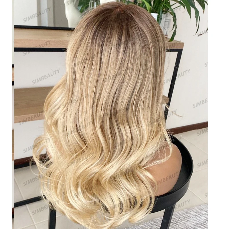 Honey Blonde Ombre Brown Roots Long Wavy 100% Virgin Human Hair 13x4 Lace Front Wigs Pre PLucked Glueless Wigs Bleached Knots