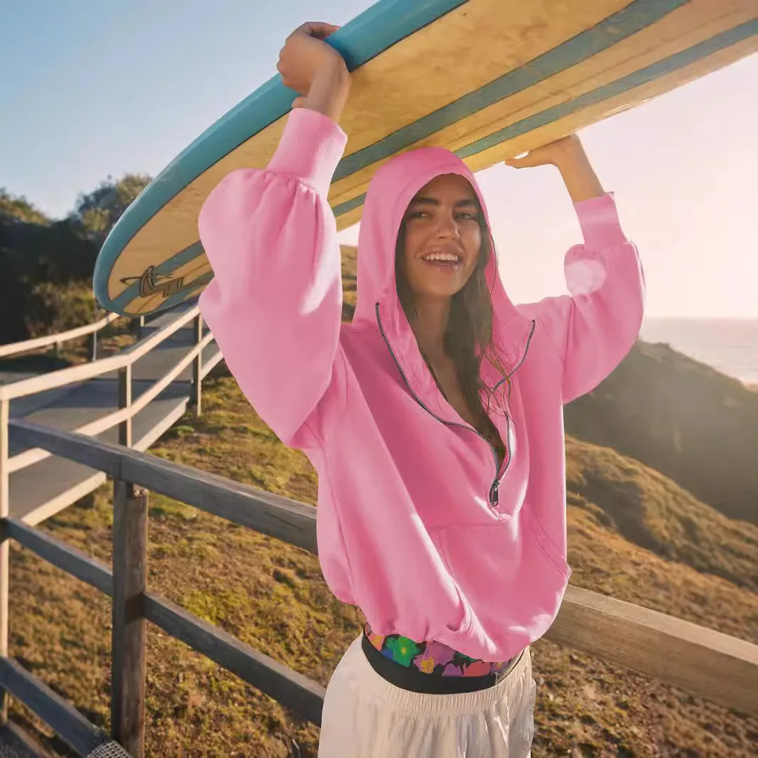 เสื้อฮู้ดผู้หญิงแบบใหม่ สไตล์สปอร์ต แขนยาว มีซิป พร้อมเชือกผูก ผ้าคอตตอนผสม สวมใส่สบาย เหมาะสำหรับฤดูหนาว แฟชั่นทันสมัย