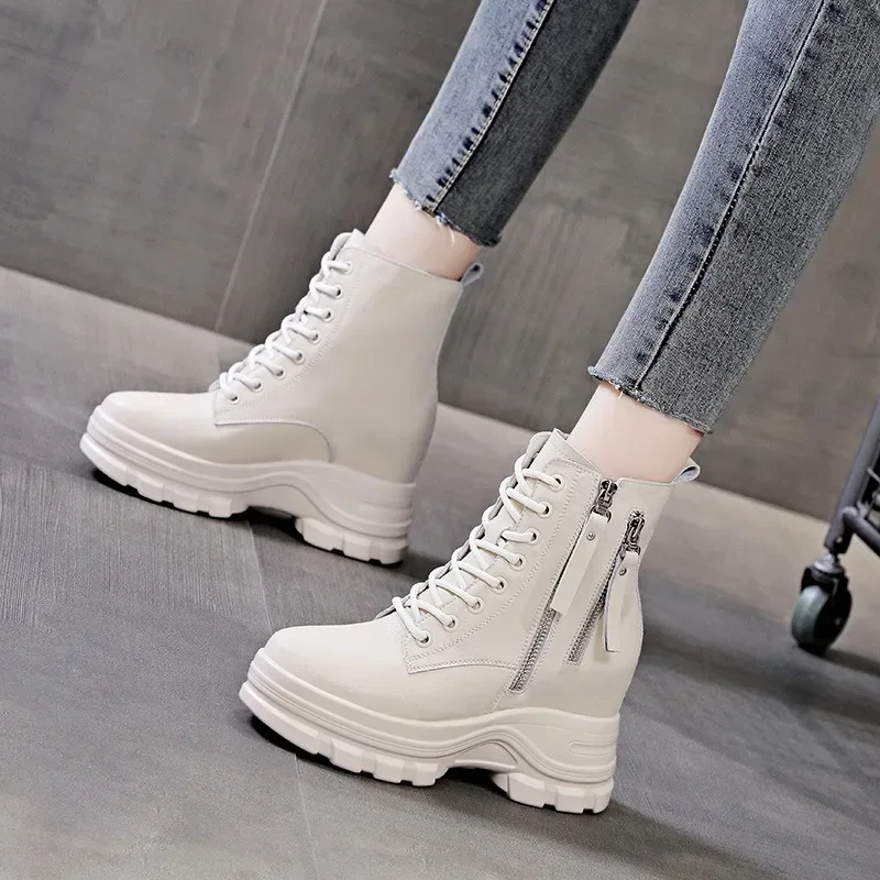 9CM Genuine Leather New Platform Wedge Autumn Winter Mid Calf Ankle Motorcycle Booties Non Slip Hidden Heel Women Zipper Shoes