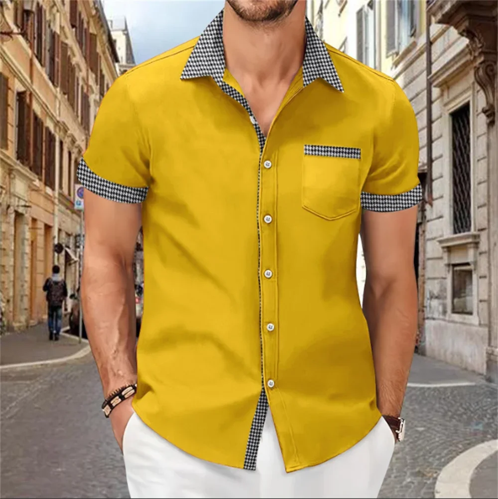 Patchwork printed shirt for men, solid color, comfortable and soft short sleeve top, large size, summer New