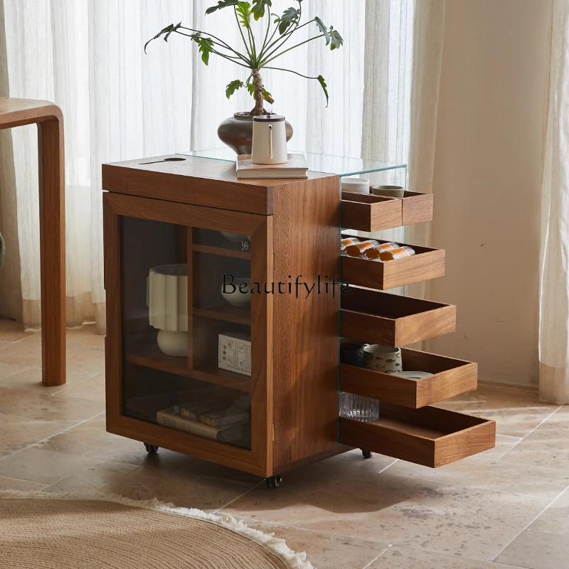 

Full solid wood storage cabinet teak mobile living room sofa side cabinet