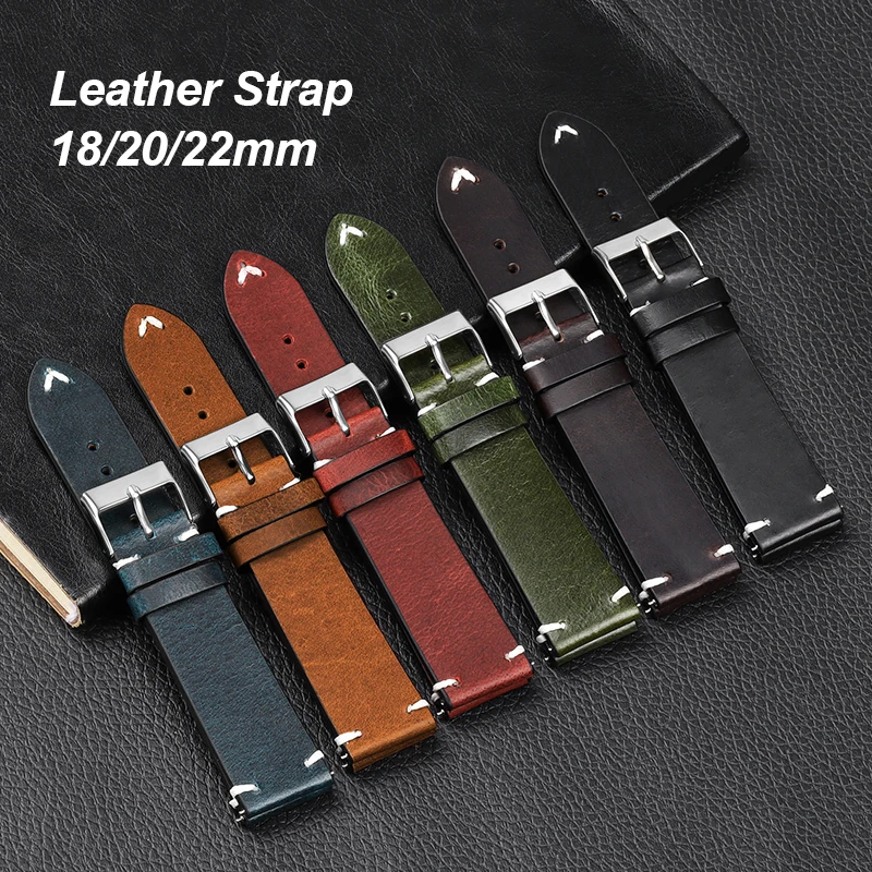 High Quality Vintage Oil Wax Colored Cowhide Watchband for Seiko Leather Straps 18 20 22mm Quick Release Waterproof Bracelet