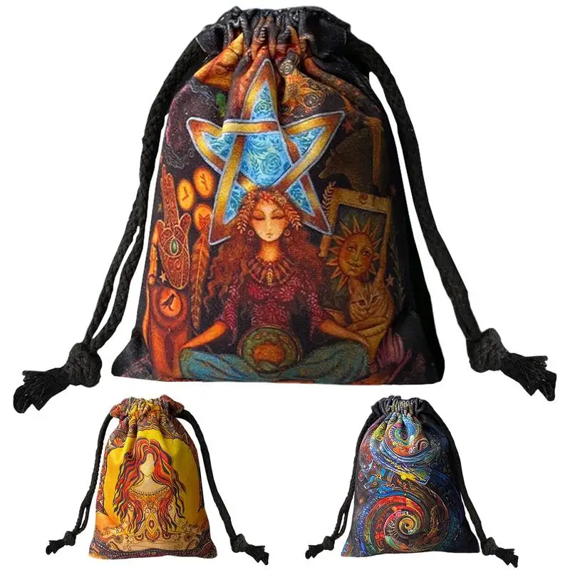 Jewelry Pouch For Tarot Enthusiasts Hand Gift Bag Drawstring Holder Velvet Storage Bag Tarot Card Dice Symbol Embroidery Crystal