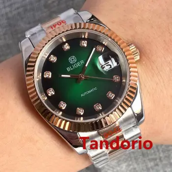 Bliger-36mm/39mm 사파이어 유리 다이아몬드 인덱스 NH35A 오토매틱 투톤 로즈 골드 코팅 남성용 시계, 날짜 플루트 베젤 야광 Best5 Bliger-36mm/39mm 사파이어 유리 다이아몬드 인덱스 NH35A 오토매틱 투톤 로즈 골드 코팅 남성용 시계, 날짜 플루트 베젤 야광 Best5