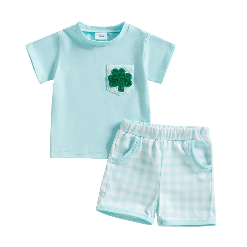 Baby Boys Shorts Set Short Sleeve Shamrock Letters T-shirt with Striped Plaid Shorts Summer Outfit