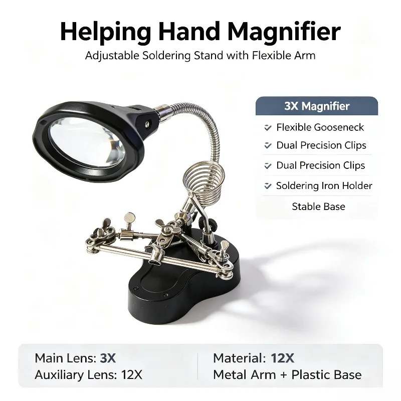 LED Lighted Magnifying Glass with Helping Hand Holder for Phone Motherboard Soldering Digital Device & Porcelain Carving Repair