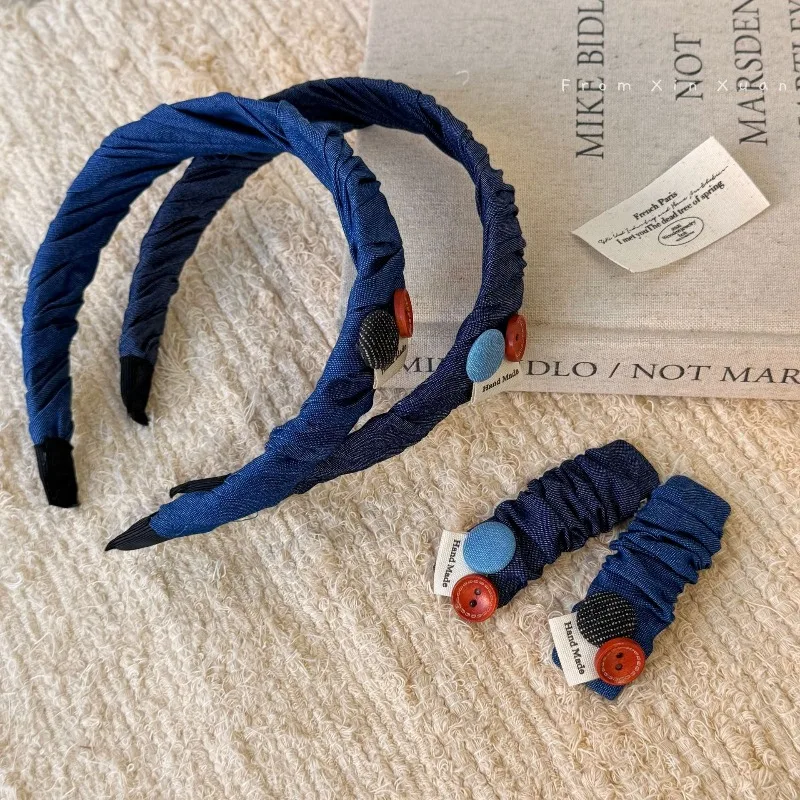 

Korean retro denim pleated color matching button BB clip hairpin advanced sense sweet versatile broken hair bangs clip new