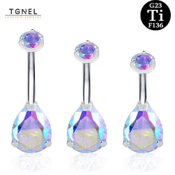 TGNEL Belly Navel Rings AB CZ Teardrop ASTM F136 6mm/8mm/10mm/12mm Belly Bars G23 Titanium 14G Belly Button Ring Body Piercing