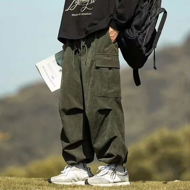 KIDWHXR Herbst-Winter Herrenhose mit geradem Bein, dick gefüttert, warme Cargo-Hose für Männer, locker geschnitten, mit Taschen und Kordelzug, lässige Outdoor-Hose für Herren. – Detail 2