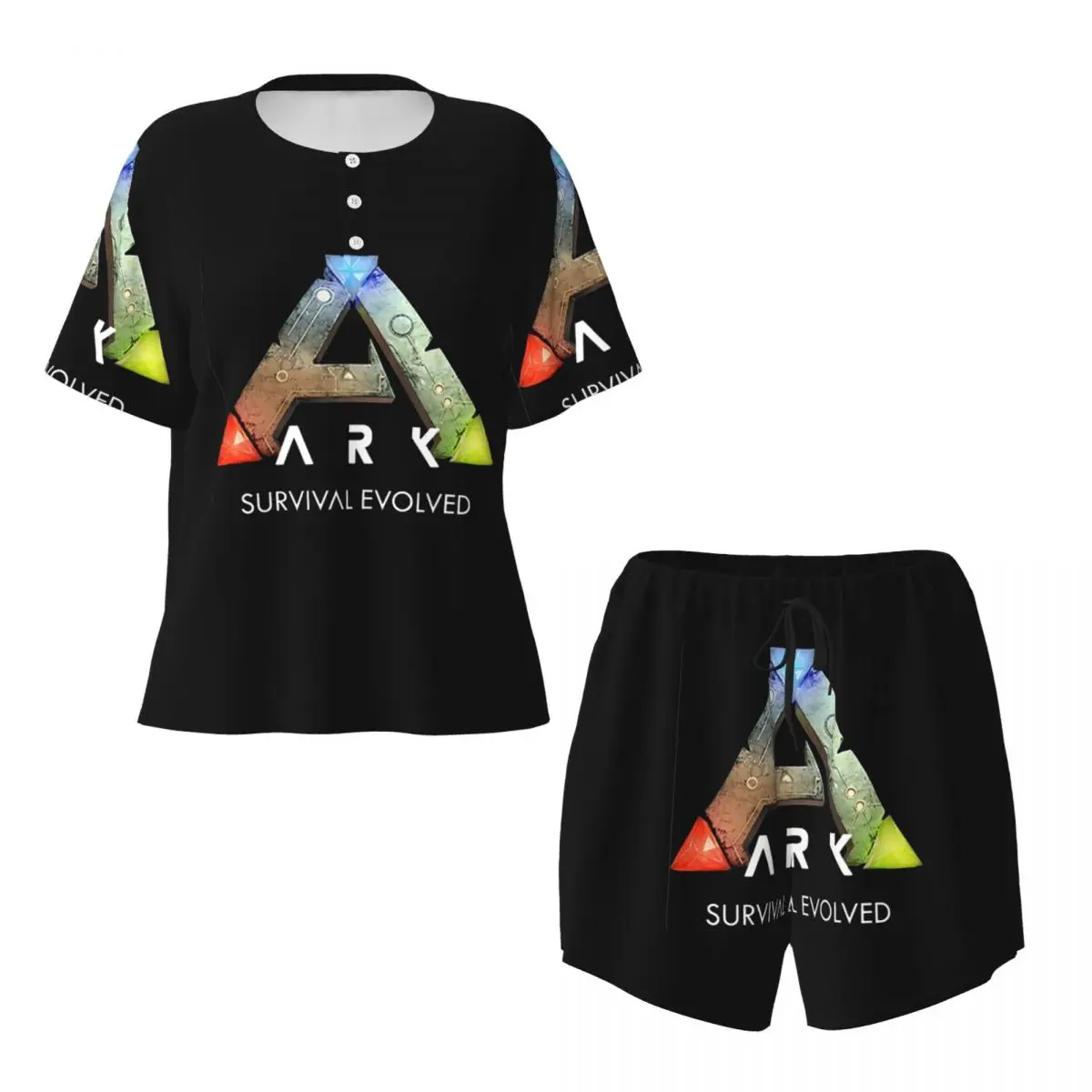 Ark Survival Evolved (noir) - Chemise de nuit à col rond et manches courtes pour femmes, ensemble pyjama ample avec pantalon court