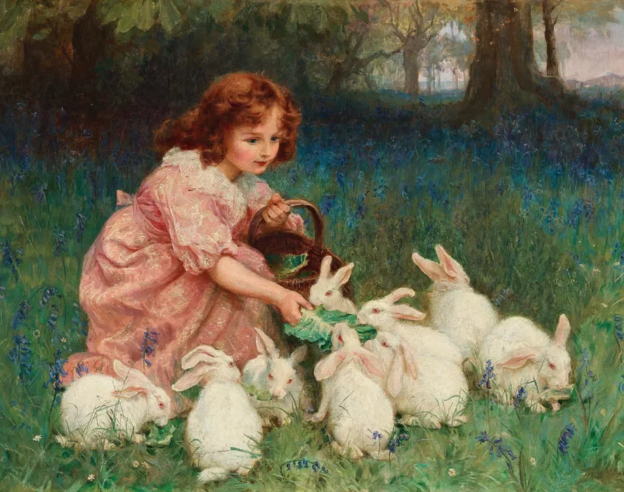 

Little girl feeding rabbit ,Art Picture Print Silk Poster Living Room Decor ,Home Wall