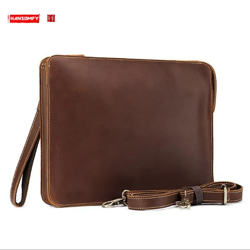 Bolsa de couro masculina de negócios envelope saco de ombro pendurado ipad mensageiro crossbody sacos cabeça de cavalo louco camada de couro masculino