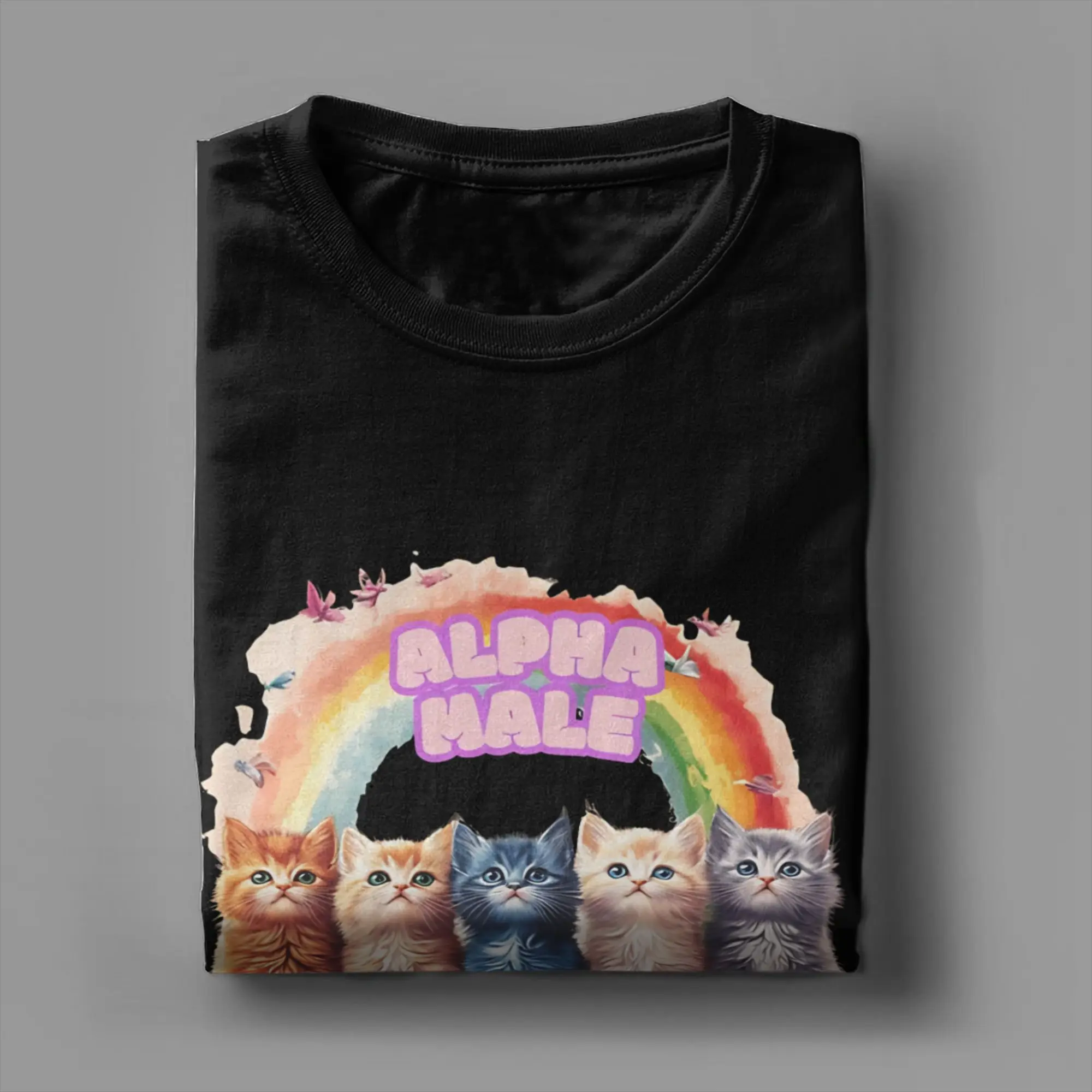 Alpha Male Funny Cat Kitten Rainbow Floral T Shirt Mens  Classic T Shirts Summer O-Neck Popular Tees Design Big Size Tops,