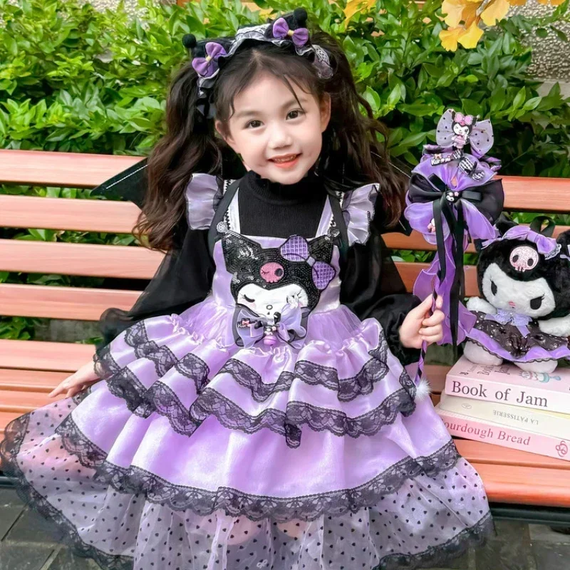 Vestido anime Sanrio Kuromi Lolita para meninas, saia de princesa, cosplay infantil, presente de festa de aniversário, primavera e outono, 2024