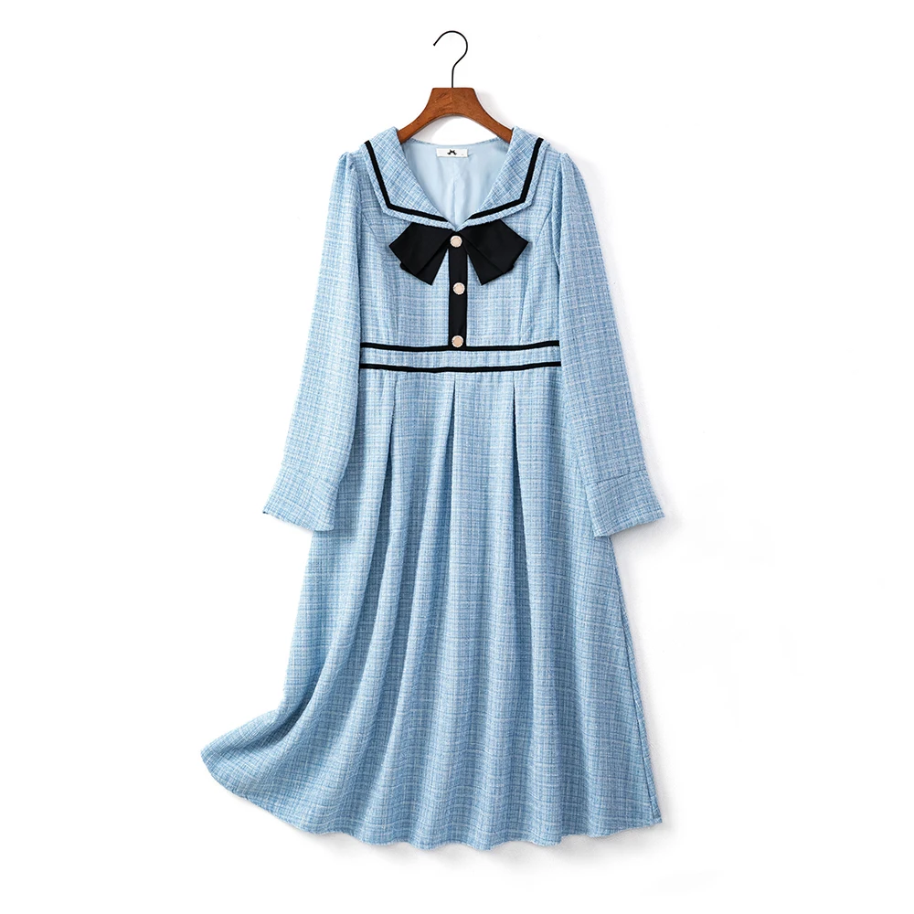 Plus-size Women's Spring/Fall Casual Commuting Loose Comfortable dress Blue plaid navy collar pleated long-sleeved dress large