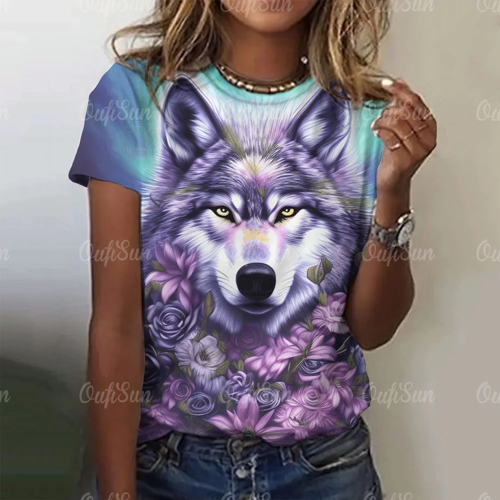 Animal T Shirt For Women Wolf Print Tops Summer O-Neck Short Sleeve Tees Refreshing Clothing Oversized Pullover Female T-Shirt