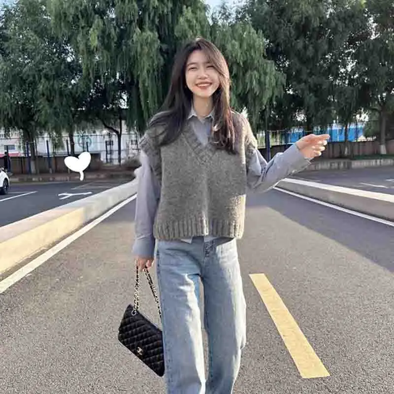 Fashion Korean Gray Sleeveless Elegant Knitted Women's Sweater Vest Sweet Solid Casual V Neck Tank Top Spring Autumn New 9702 image 6