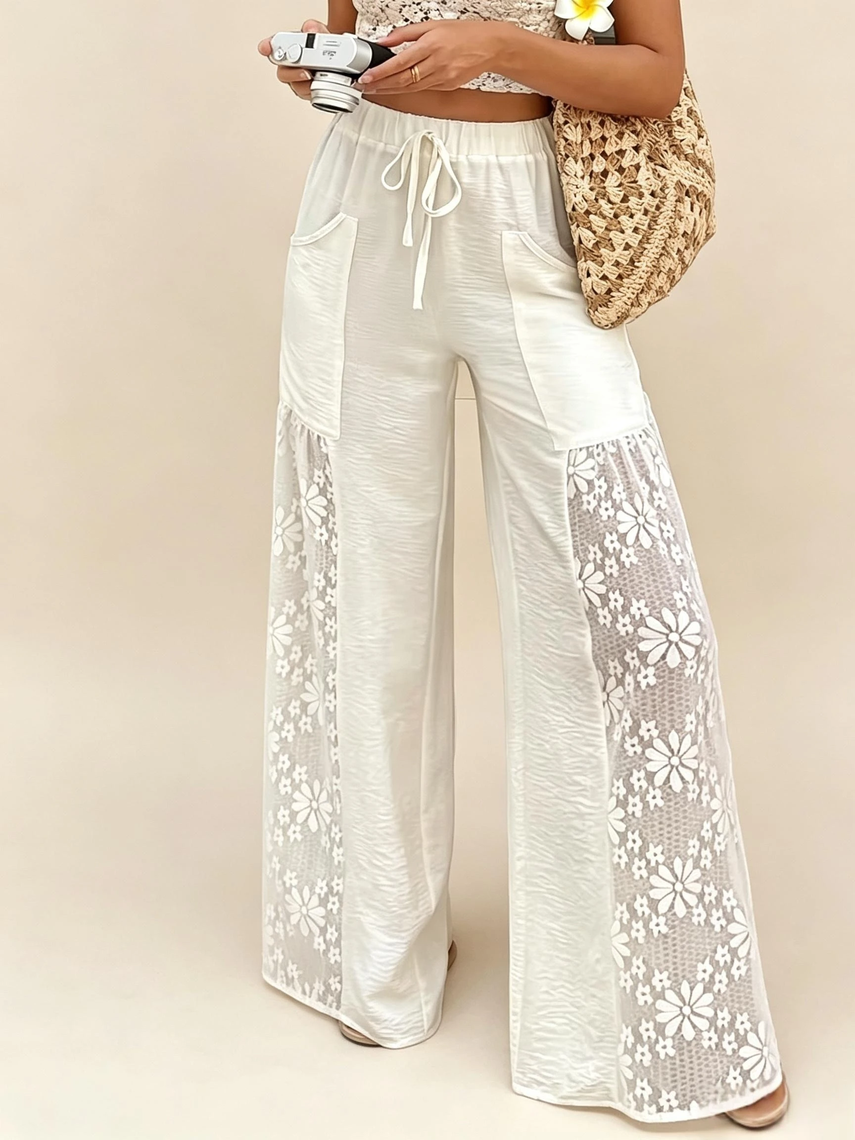 Boho Women Floral Lace Patchwork Pants Elastic Drawstring Waist Pocket Loose Wide Leg Long Trousers Beach Vacation Casual Wear