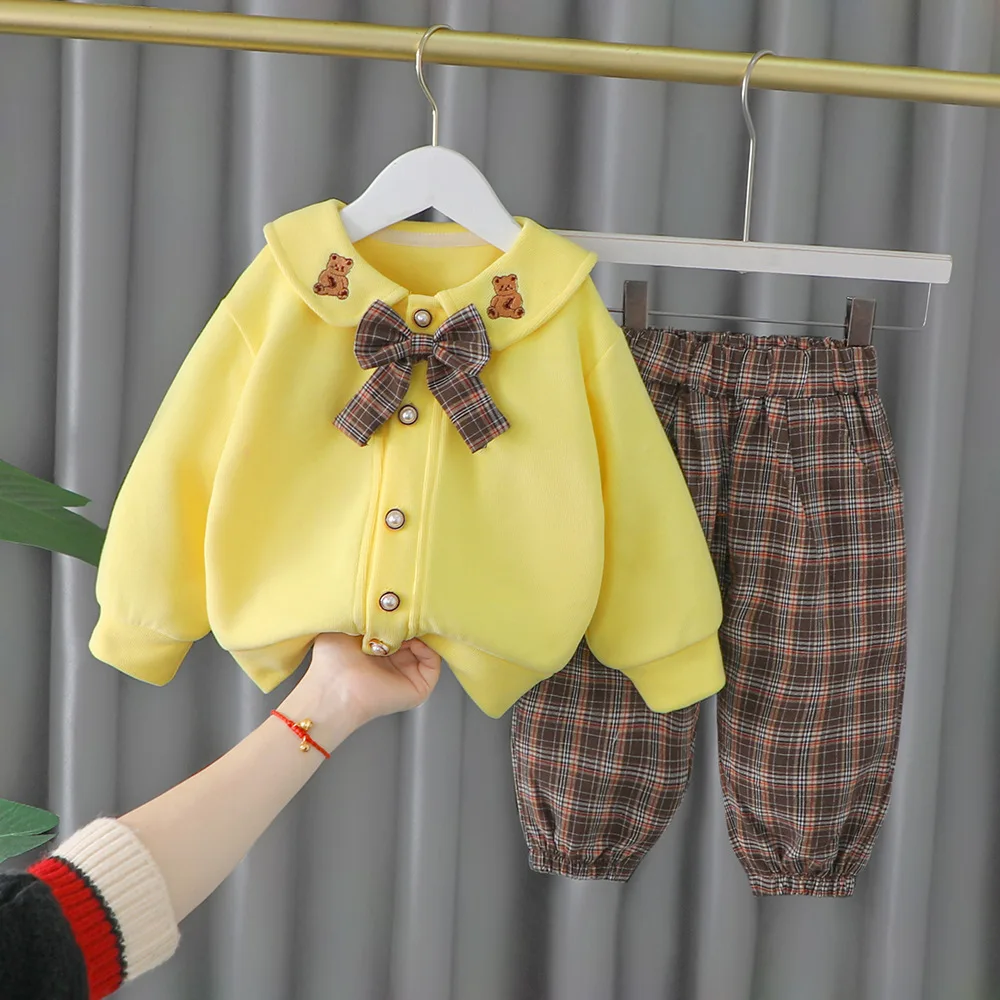 

Spring Autum Baby Outfits for Girls Turn-down Collar Long Sleeved Cardigan Coat Pants Korean Casual Two Piece Set Kids Clothes