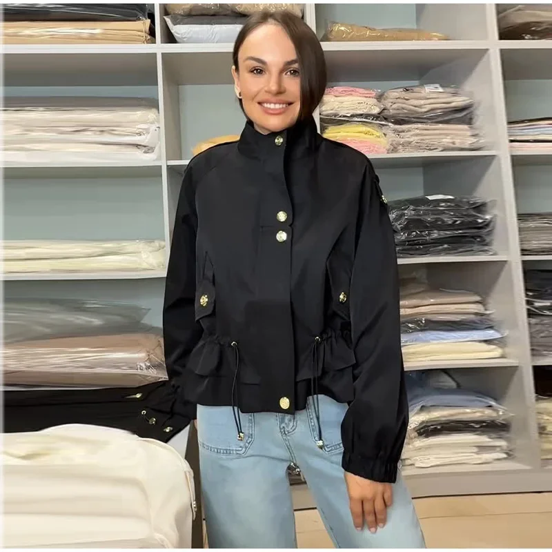 Damen-Oversize-Mäntel mit Kordelzug in der Taille, Stehkragen, Epauletten, Langen Ärmeln, Knopfleiste, Lose Jacken, Schicke Neue Oberbekleidung für Damen – Detail 19