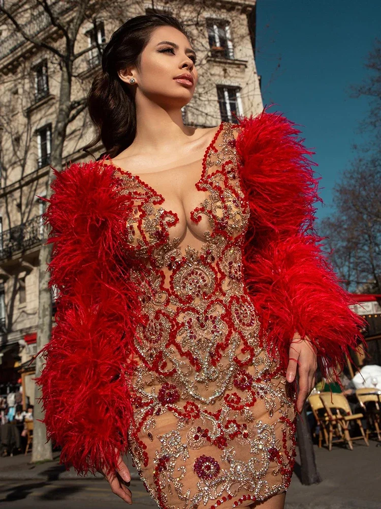 

2024 Summer Fashion New Women's Luxury Party Dress Red Feathers Long Sleeve Prom Short Gown Dance Wear