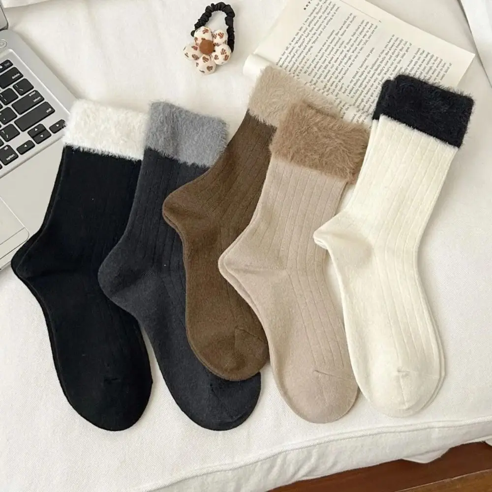 5Pairs Vintage Autumn Winter Plush Fleece Socks Solid Color Thick Warm Mink Velvet Sock Fluffy Splicing Mid-Calf Tube Sock Women