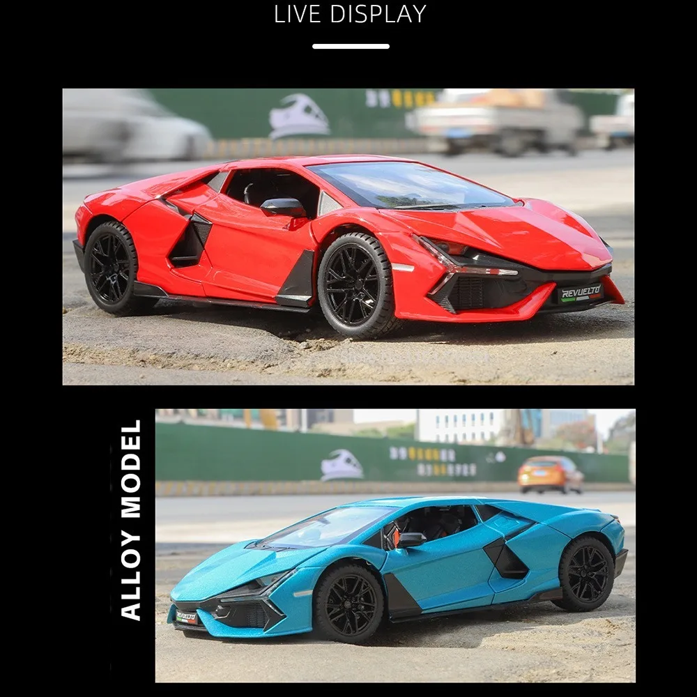 Modelo de coches Revuelto SVJ63, juguetes de aleación de fundición a presión, sonido de coche deportivo, luz, puerta trasera, modelo abierto, decoración de regalo para Festival, 1/24