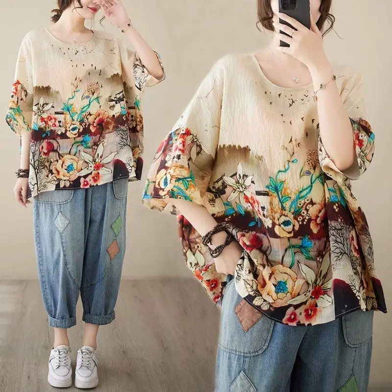 

Oversized Female Tee 2023 Summer New Fashion Print T-Shirt Women's Loose Retro Short Sleeve Casual Top Trend Z1019
