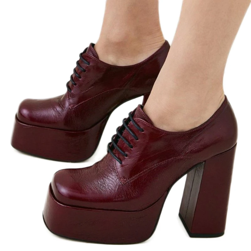 

SHOFOO Fashionable women's high-heeled single shoes. Black (burgundy) leather square toe shoes. About 16cm heel height. Lace up
