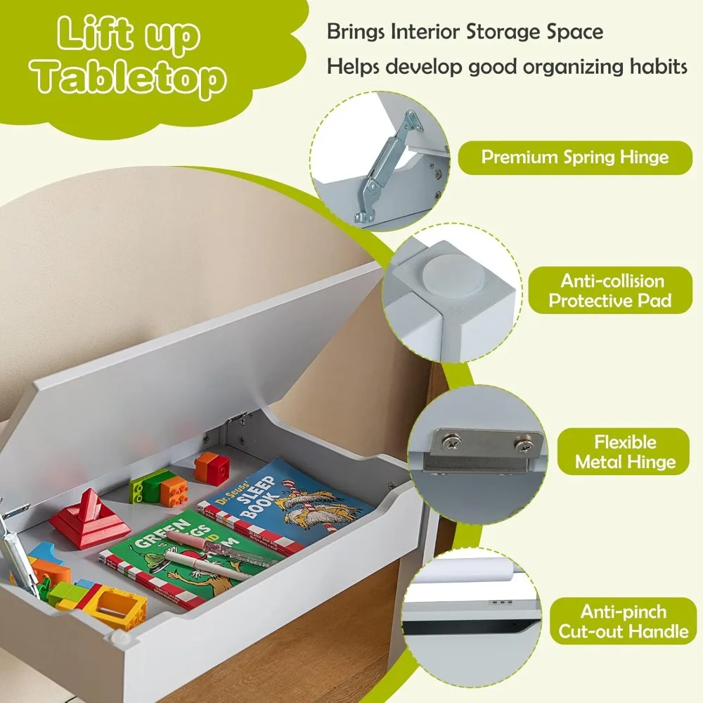 Kids Table and Chair Set, Wooden Lift-Top Desk & Chair with Storage, Paper Roll Holder & Pen Slot, Activity Table Set