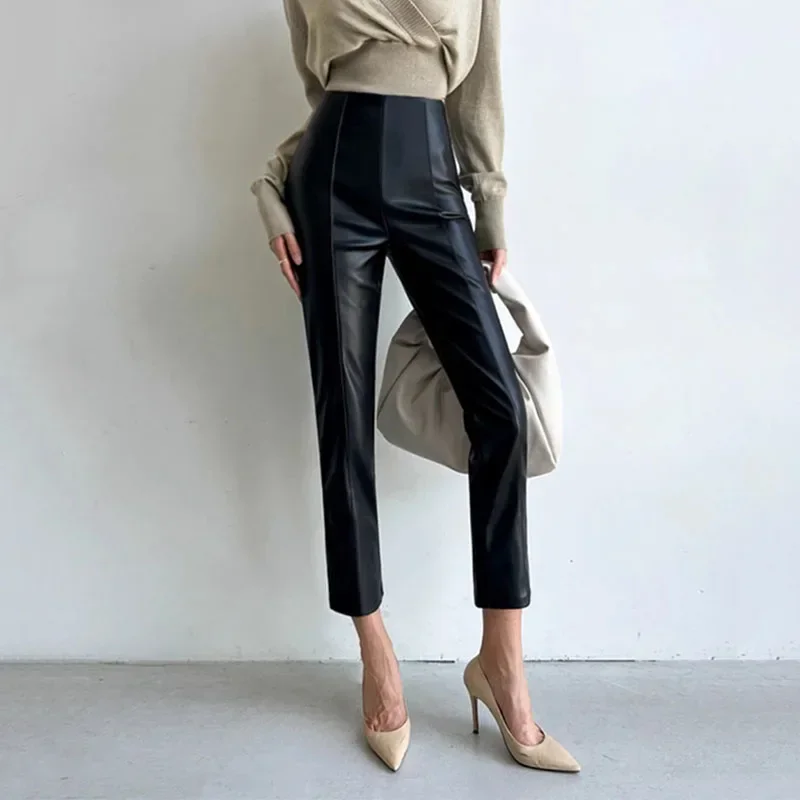 2024 여성용 하이 웨이스트 슬림핏 펜슬 팬츠, PU 가죽 스트레이트 레그, 따뜻한 플리스 안감 바지, 신상