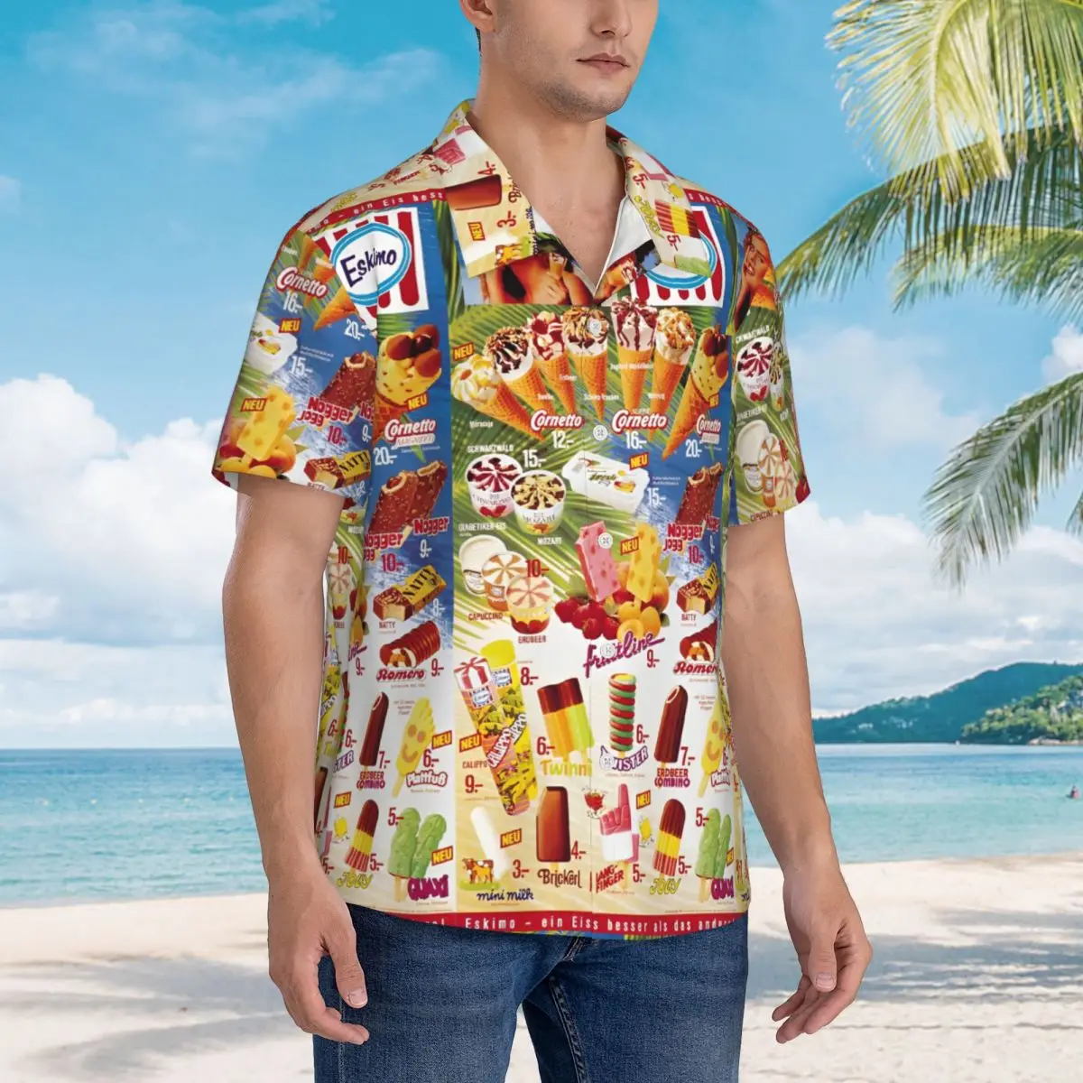 Vintage Men\'s Ice Cream Hawaiian Shirt Holiday Summer Beach Suit Wear Retro Ice-Cream Menu Poster Button Down Shirts