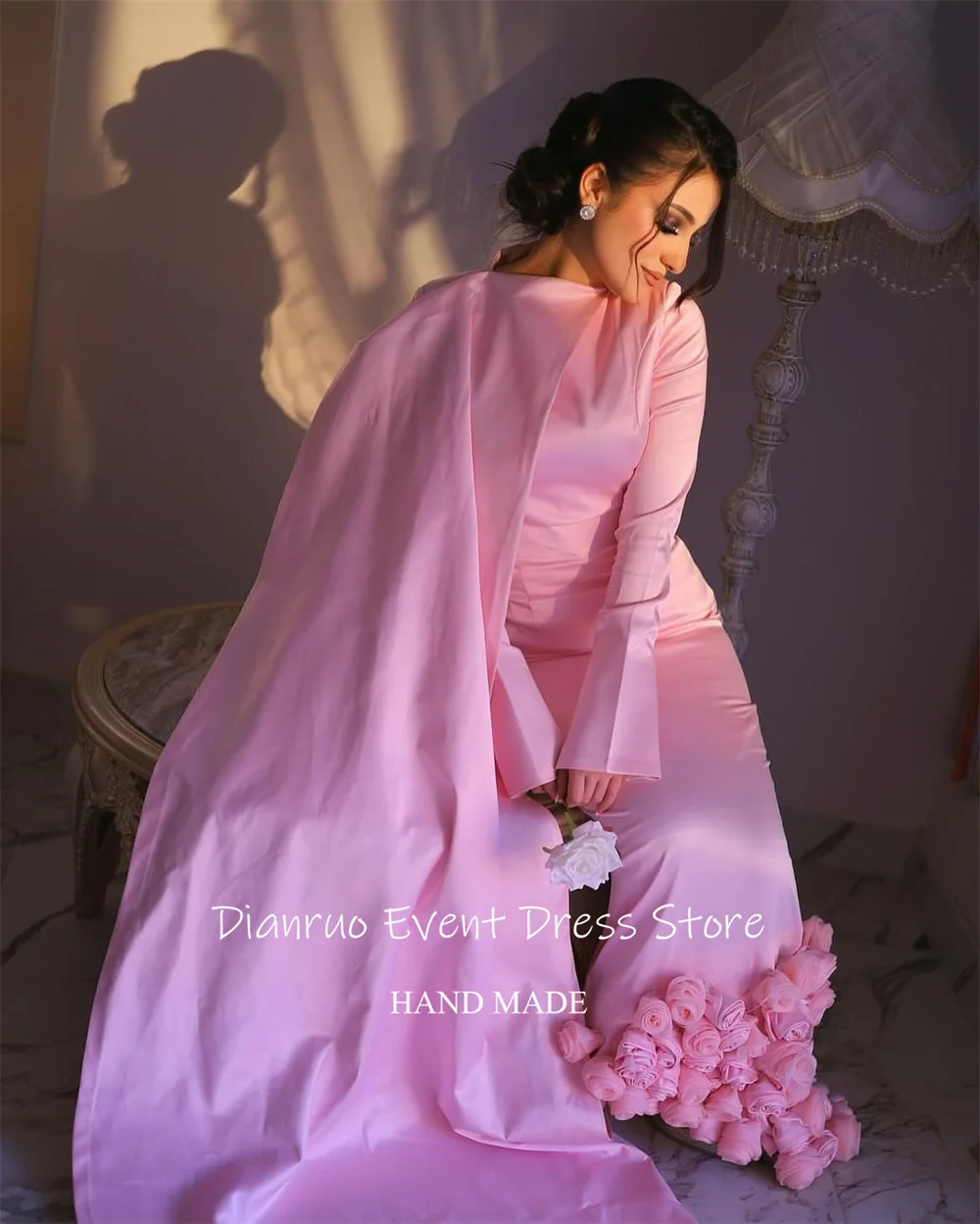 Dianruo Gaun Malam Putri Duyung Satin Merah Muda Terbungkus Bunga 3D Jubah De Soirée Asimetris Indah Vestido De Fiesta Disesuaikan