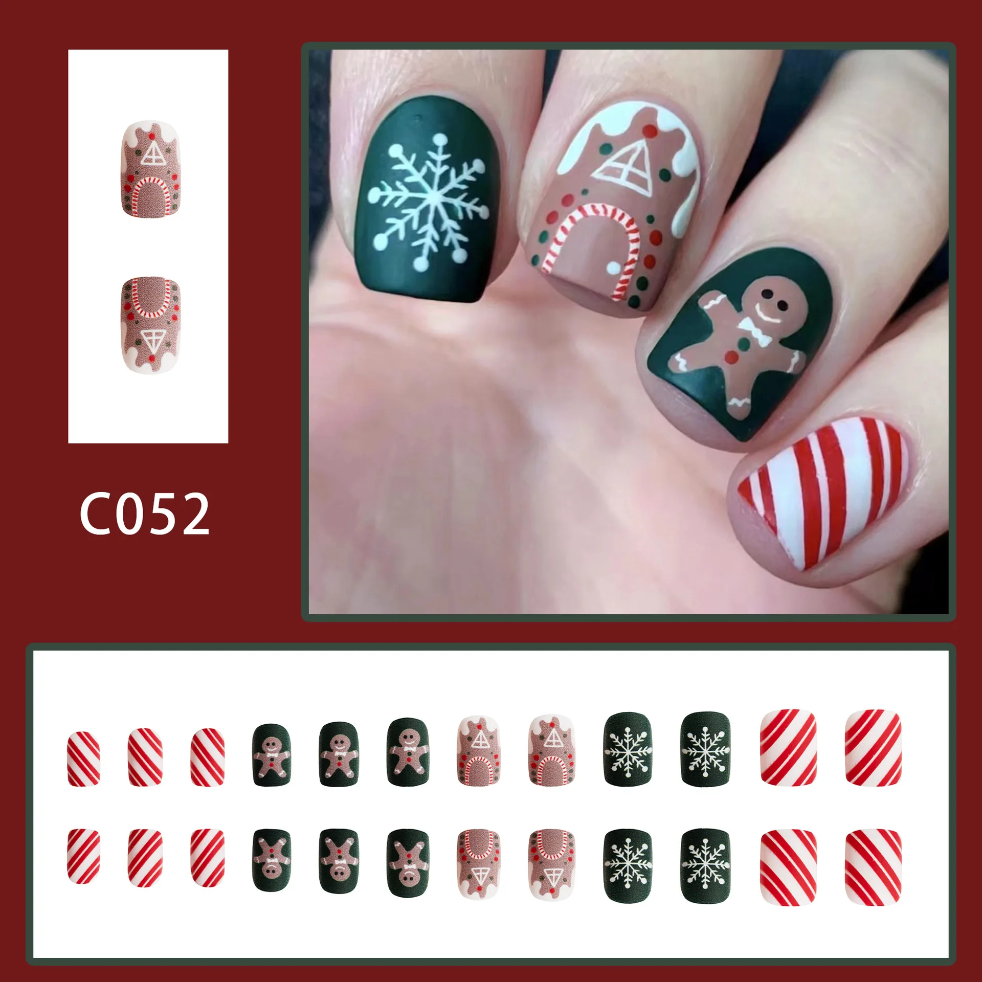 24pcs Christmas Matte Dark Green Press on Nails Gingerbread Man House Snowflake Candy Cane Stripes Fake Nail Square False Nail