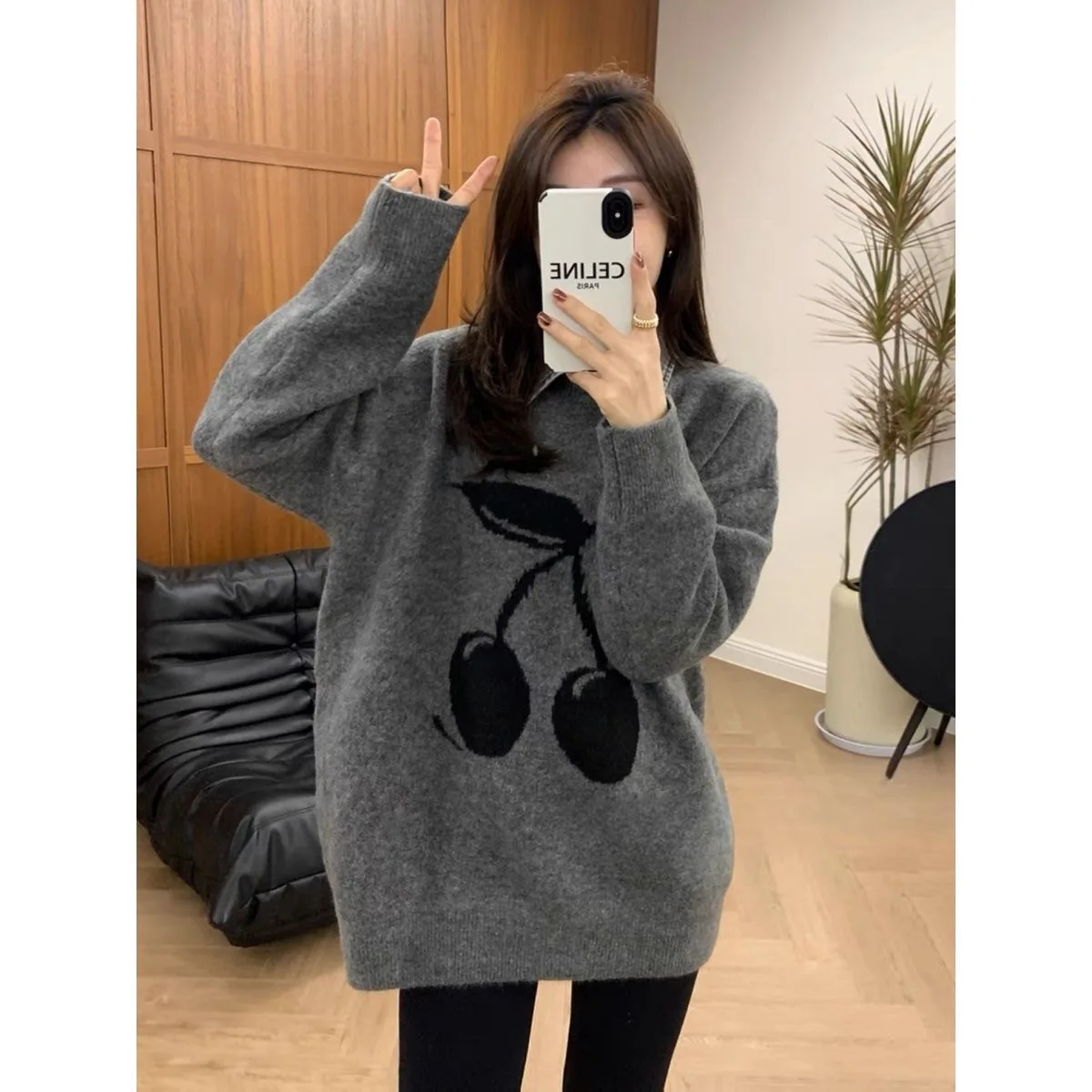 Fdfklak Sweet Cherry Japanese Knit Jumper Women Warm Sweater Women Loose Vintage Knit Fashion Top Winter Pullovers Grey