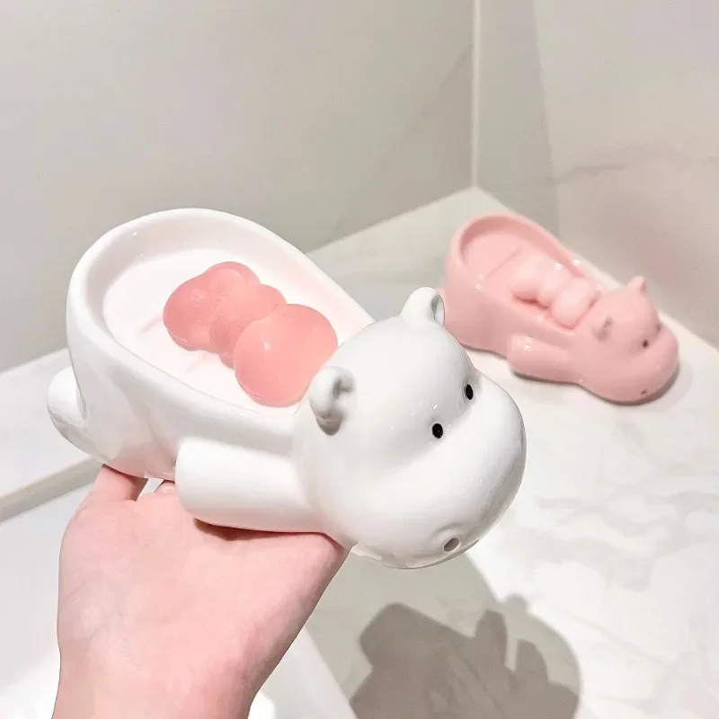 Portable Cute Hippo Soap Box Drain Water Punch-free Toilet Soap Shelf Home Bathroom Products Ceramic Creative Cartoon Soap Dish