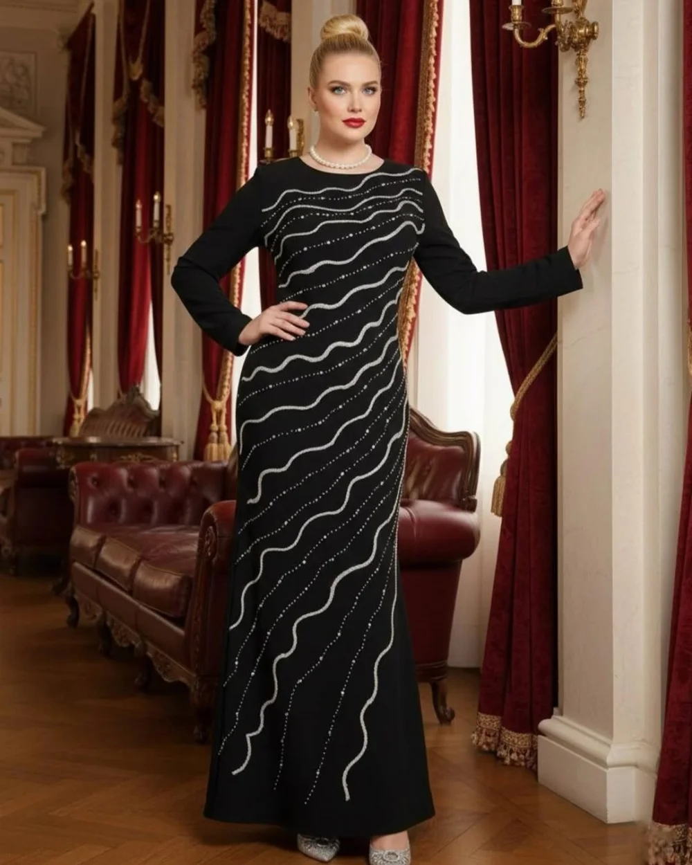 

Customized Modern Style Classic Jersey Sequined Beading Straight Scoop Neck Long Sleeves Evening Dresses Sizes Available Formal