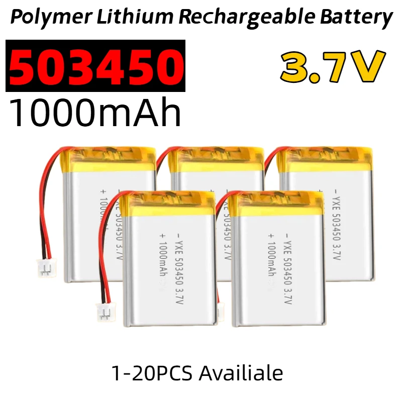 Image of 503450 3,7 V 1000 mAh wiederaufladbarer Polymer-Lithium-Akku mit JST PH2.0-Stecker, hohe Kapazität für Kamera, GPS-Navigator, MP5-Headset
