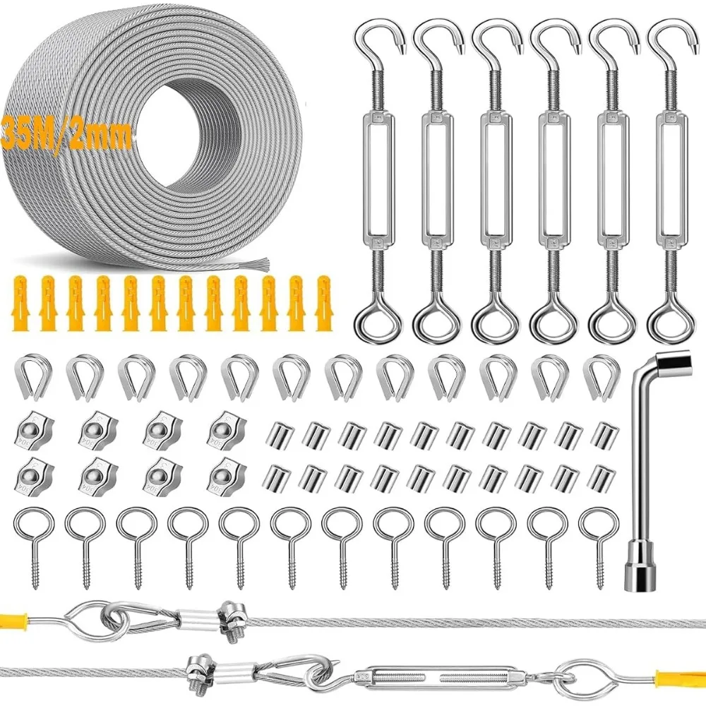 Set di cavi in acciaio inossidabile intrecciato 7x7, 35 metri, filo in PVC da 2 mm con accessori completi per l'installazione di luci a stringa e la sospensione di piante rampicanti in giardino.