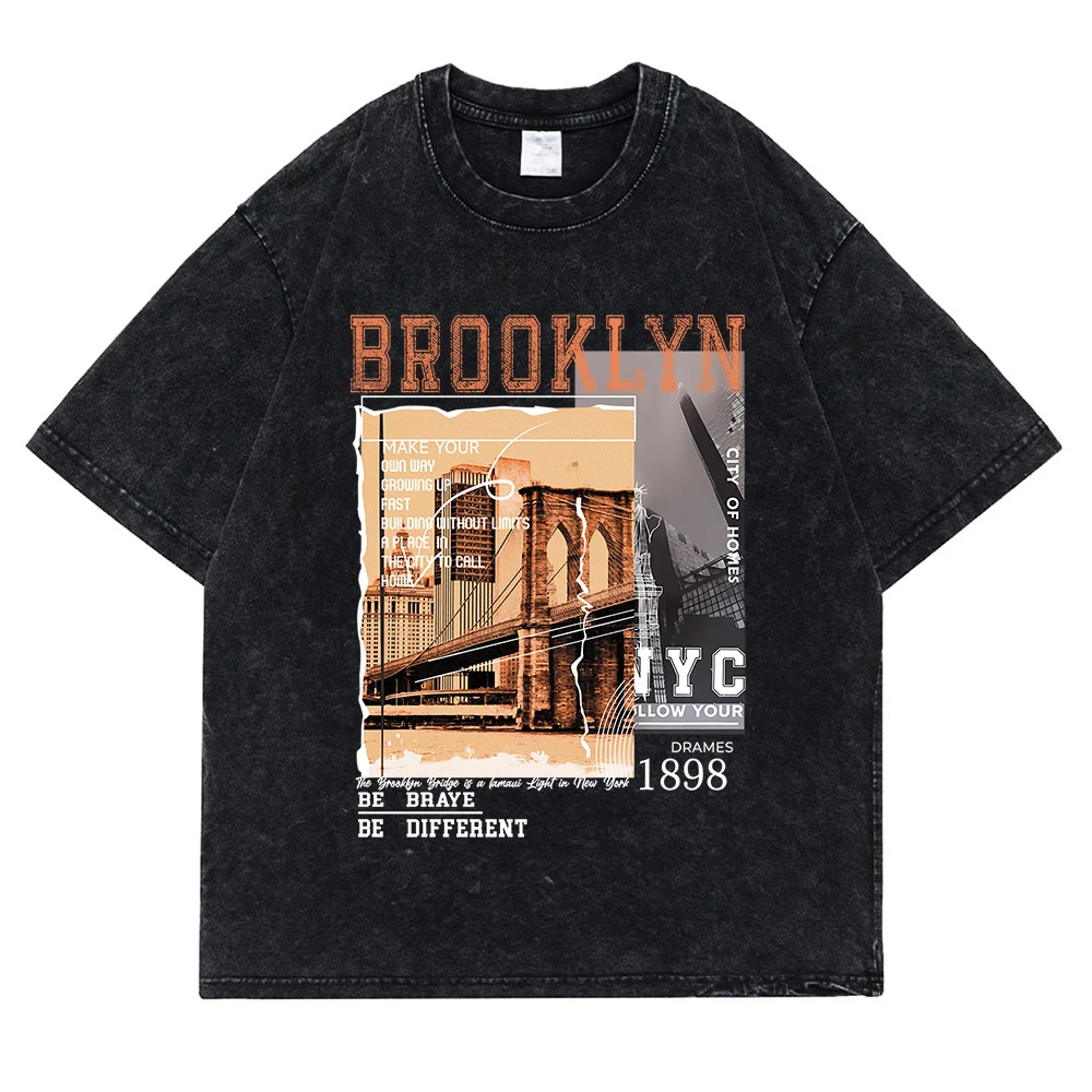 Brooklyn 1898 Nyc Be Different Washed Retro Snow T-Shirt Casual Loose Tops Oversized Summer Tee Clothes Fashion Cotton Clothes