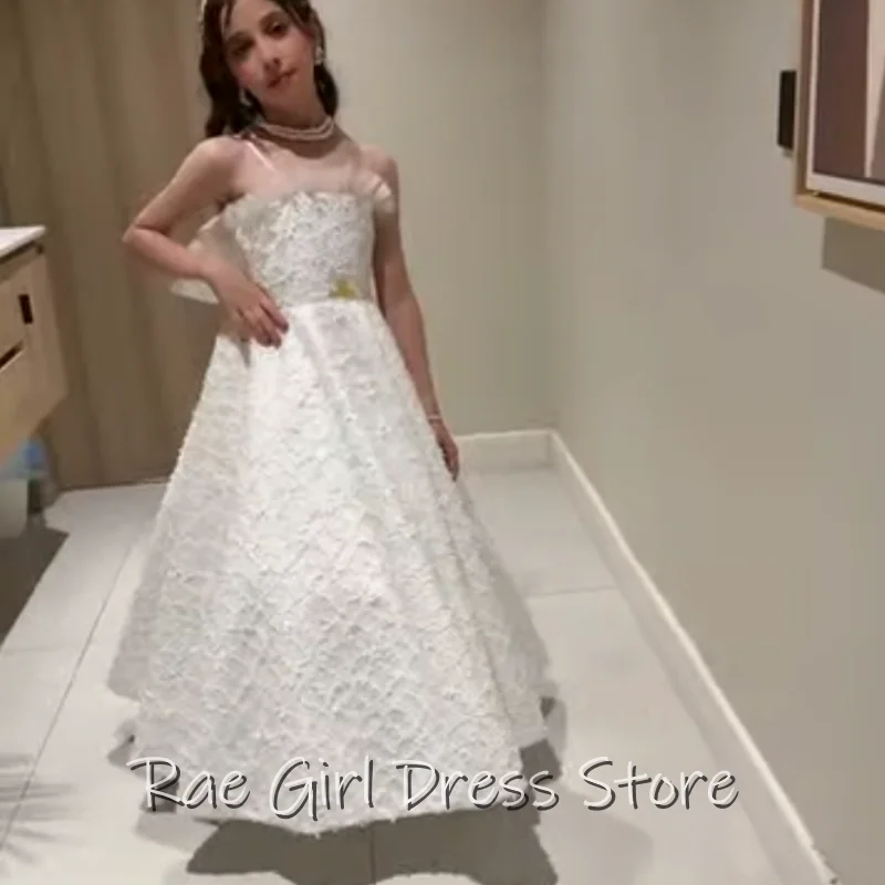 White Textured Fabric Flower Girl Dress Floor Length Gown Strapless Mesh Neck Small Gold Waist Decor For Wedding Customized