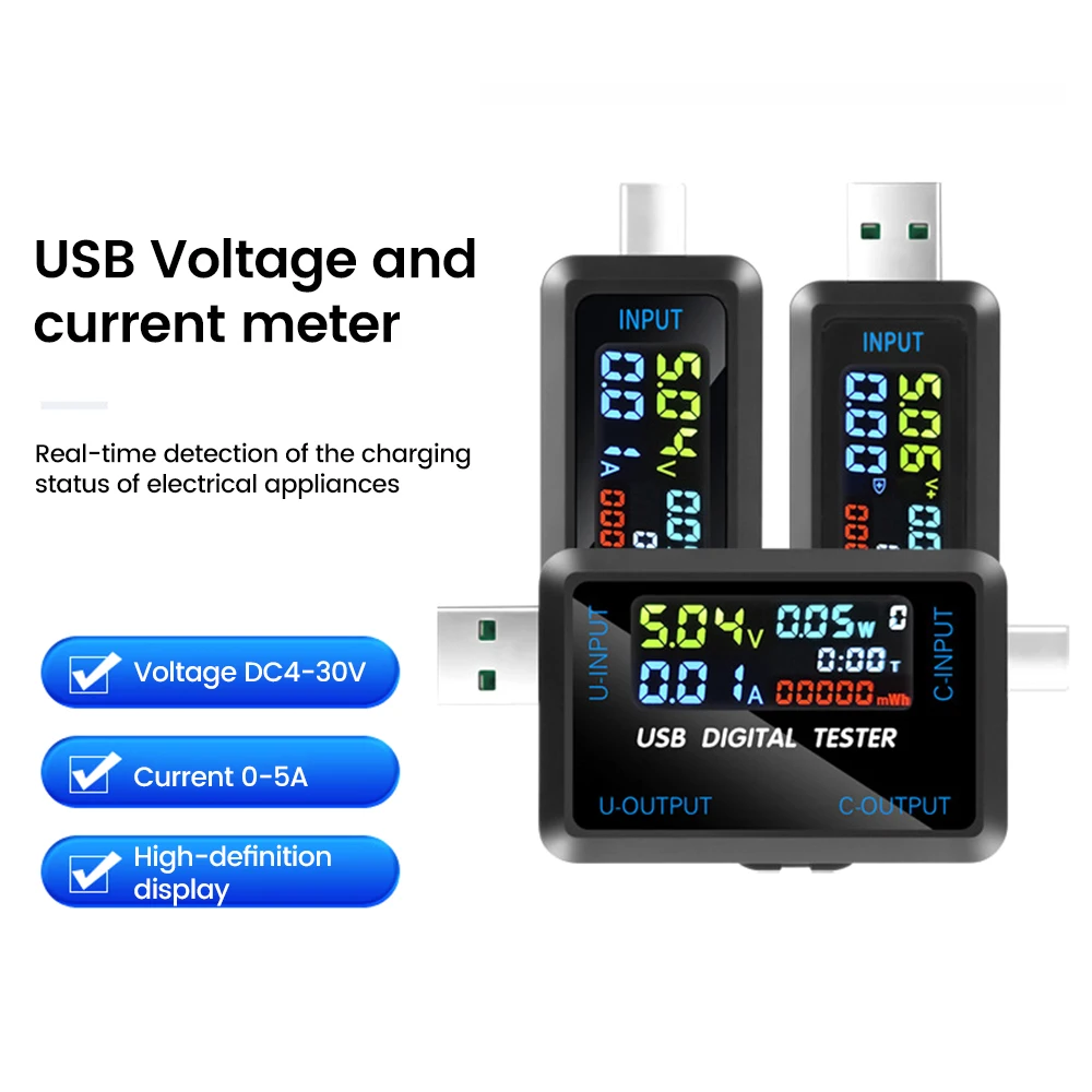 10 in 1 USB Type-C Multi-function Digital Voltage and Current Capacity Tester DC 4.5-36V 0-5A/0-8A Voltage and Current Meter