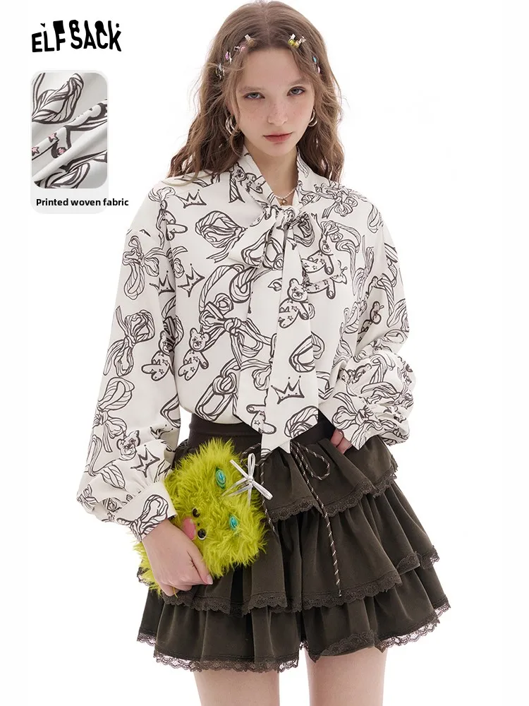 

Ele Women's Bubble Sve irt Bear Print Versatile Top Spring Design Sense Polyester Fiber Long Sve Button Closure