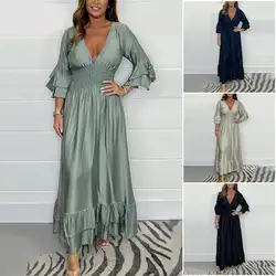 Women's Satin Ruffled Maxi Dress 2024 New Fashion Satin Solid Color V-neck Ruffle Edge Dress