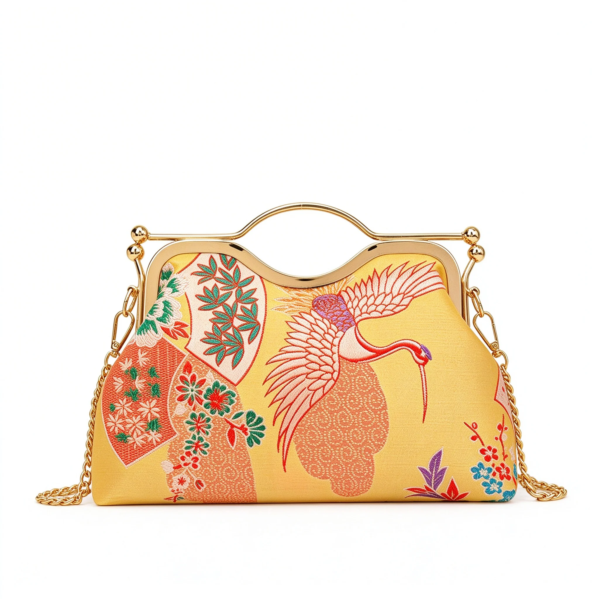 Yellow Red Blue Pink Sliver Crane Floral Embroidery Chinese Style Kiss-lock Evening Clutch Bag Chain Crossbody Shoulder Handbag